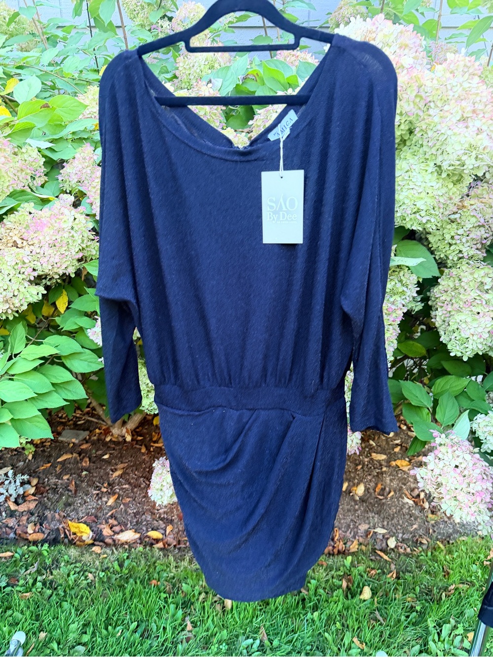 Navy Blue Long Sleeve Draped Waist Dress